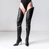 LAIGZEM Trendy V Cut Frauen Gabelung Hohe Stiefel Faux Leder Mit Hohen Absätzen Stiefel Oberschenkel Hohe Schuhe Frau Botas Mujer Laigzem Größe 45 46 47