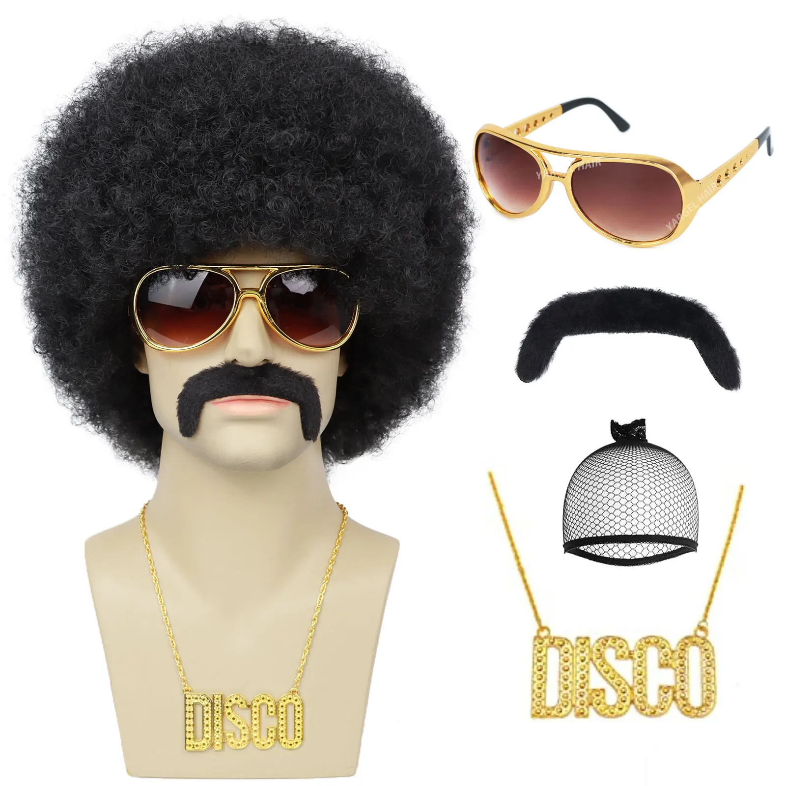 Herren-Afro-Perücke für 70er-Jahre-Rocker-Disco-Party, 5-teiliges Set, synthetische Afro-Puff-Perücke für 70er-Jahre-Jahre-Halloween-Kostüm, Cosplay, Party Image