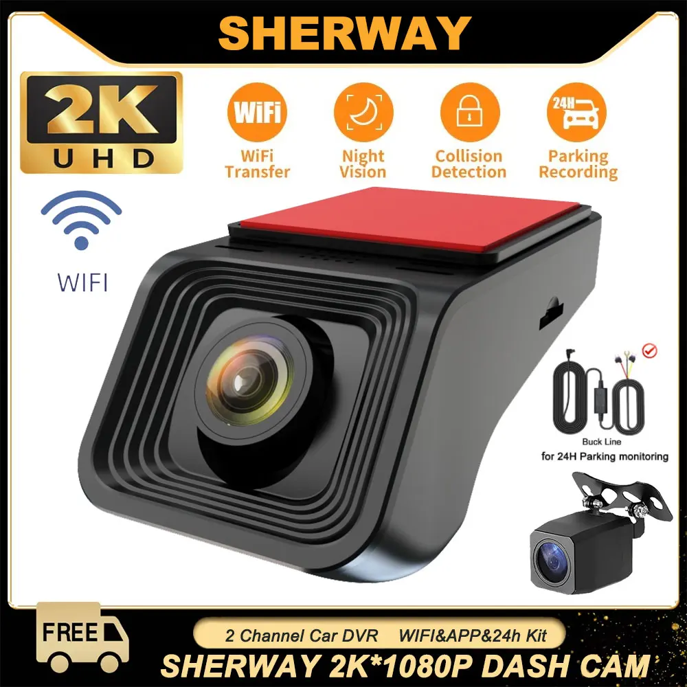 2K Dual Lens Dash Kamera WiFi Auto DVR HD1080p Dash Cam 24H Parkplatz Monitor Nachtsicht Auto fahren Video Recorder für alle Autos Image