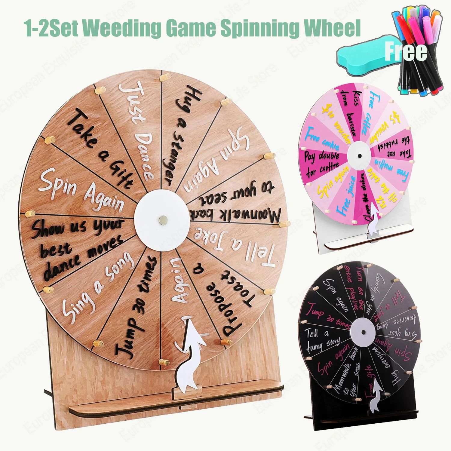 11,4 Zoll Hochzeitsspiel Spinnrad Holzpreis Tischspinner mit Ständer Löschbares Acrylbrett Rouletterad für Hochzeit Image
