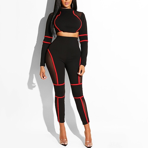 Damen Yoga-Set 2 teilig Farbblock Kombination Sommer Frühling Weiß Rot Fitnesstraining Fitness Yoga Hohe Taille Weich Atmungsaktiv Langarm Sport Sportkleidung Mikroelastisch Schlank Image