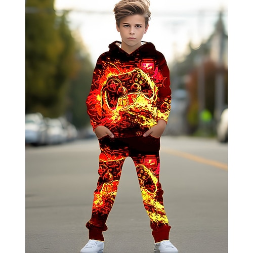 Jungen 3D Graphic Spiele Set aus Kapuzenpullover und Jogginghose Sport-Outfit Trainingsanzüge Langarm Frühling Herbst Täglich Basic Brautkleider schlicht kinderkleidung 4-12 Jahre Mit Kapuze Outdoor Image
