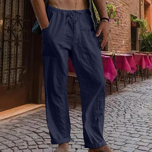 Herren Leinenhosen Hose Sommerhose Gaze-Hosen Kordelzug Tasche Gerader Schnitt Einfach Komfort Atmungsaktiv Volle Länge Outdoor Täglich Streetwear Mode Retro Vintage Schwarz Weiß Image