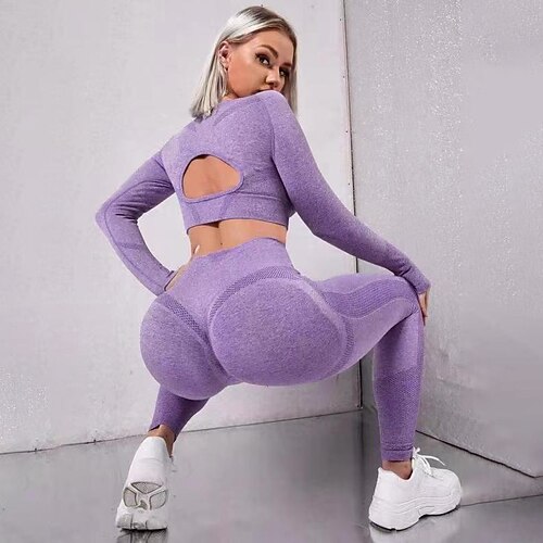 Damen Sport-BH mit Strumpfhose Yoga-Set 2 teilig Einfarbig Kombination Sommer Frühling Armeegrün Schwarz Fitnesstraining Fitness Yoga Hohe Taille Weich Atmungsaktiv Langarm Sport Sportkleidung Image
