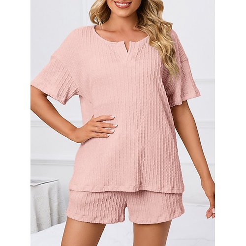 Damen Schlafanzug Hausanzug 2 Stück Brautkleider schlicht Einfarbig Patchwork T Shirt Kurze Hosen Heim Kurzarm V Ausschnitt Schwarz Rosa Beige Sommer Reguläre Passform Image