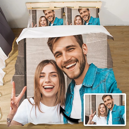 Personalisierte Bettwäsche mit Foto-Text und 3-teiligem Set maßgeschneiderte Geschenke Bettset mit 2 Kissenbezügen Image