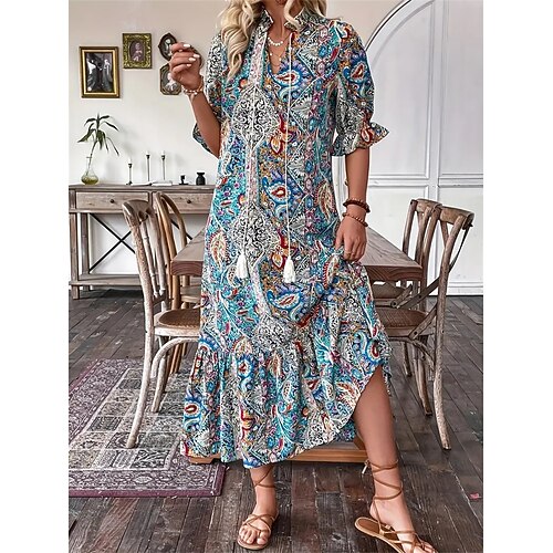 Damen Maxidress Casual kleid Boho-Kleid Kuschelig Stilvoll Brautkleider schlicht Urlaub Täglich Lockere Passform Graphic 3/4 Ärmel V Ausschnitt Rote Blau Orange Sommer Frühling Herbst Image