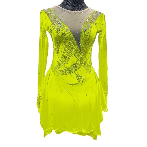 Eiskunstlaufkleid Damen Mädchen Eislaufen Kleider Austattungen Hellgelb Wasserblau Gelb Gitter Spandex Hochelastisch Ausbildung Wettbewerb Eiskunstlaufkleidung Patchwork Kristalle Langarm Eislaufen Image