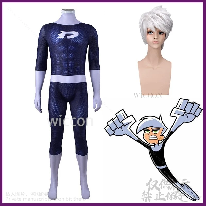 Anime Danny Phantom Cosplay Kostüm Gedruckt Superhero Halloween Body Zentai Anzüge Danny Fenton Cosplay Overall Erwachsene Kinder Image