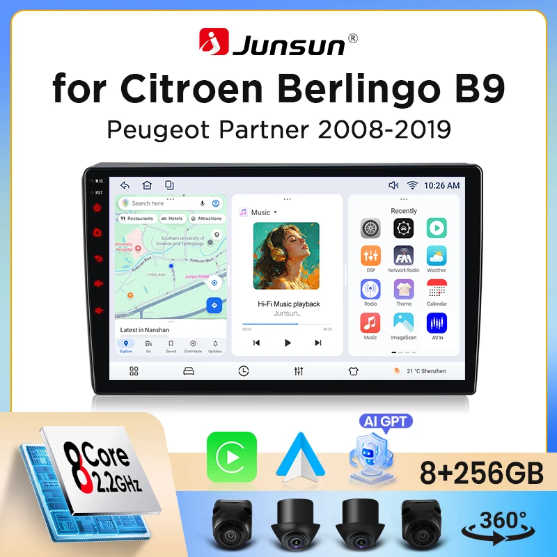 Autoradio Junsun Wireless CarPlay Android Auto per Citroen Berlingo / Peugeot Partner (B9) 2008-2018 con ventola di raffreddamento integrata, navigatore GPS Android, lettore multimediale, WiFi, DSP,