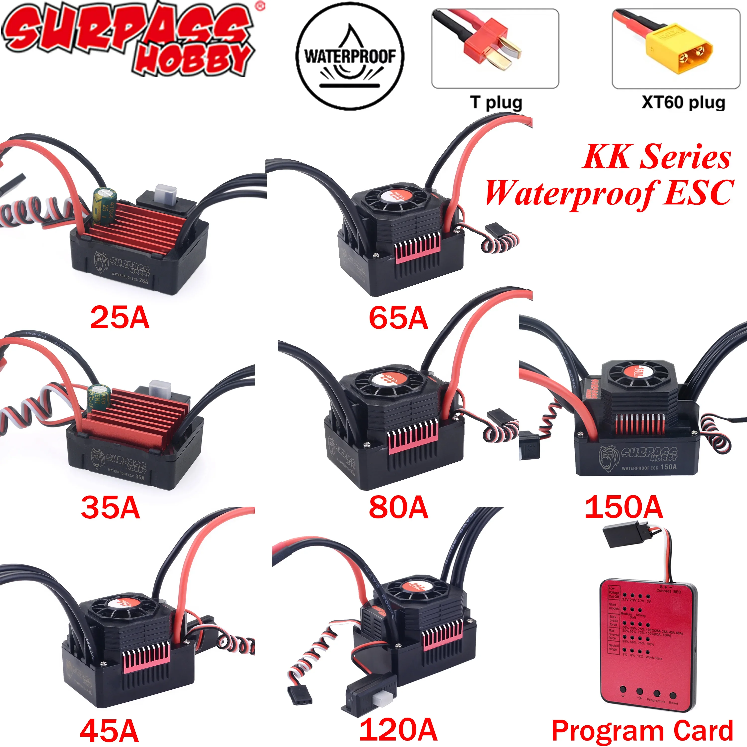 SURPASS HOBBY KK 150A 120A 80A 60A 45A 35A 25A T/XT60Plug Wasserdichter Regler für 1/8 1/10 1/12 1/14 1/16 1/20 RC Bürstenloser Motor