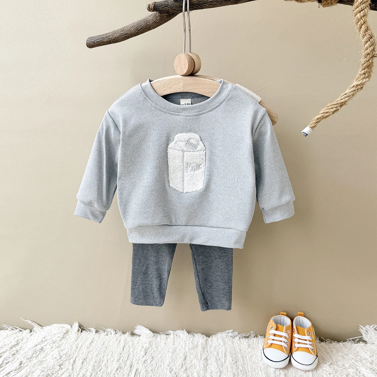 Kinder Baby Jungen Herbst 2Pcs Kleinkind Outfit Grau Trainingsanzug Langarm Sets Cartoon Milch Stickerei Top + Hosen kinder Kleidung Image