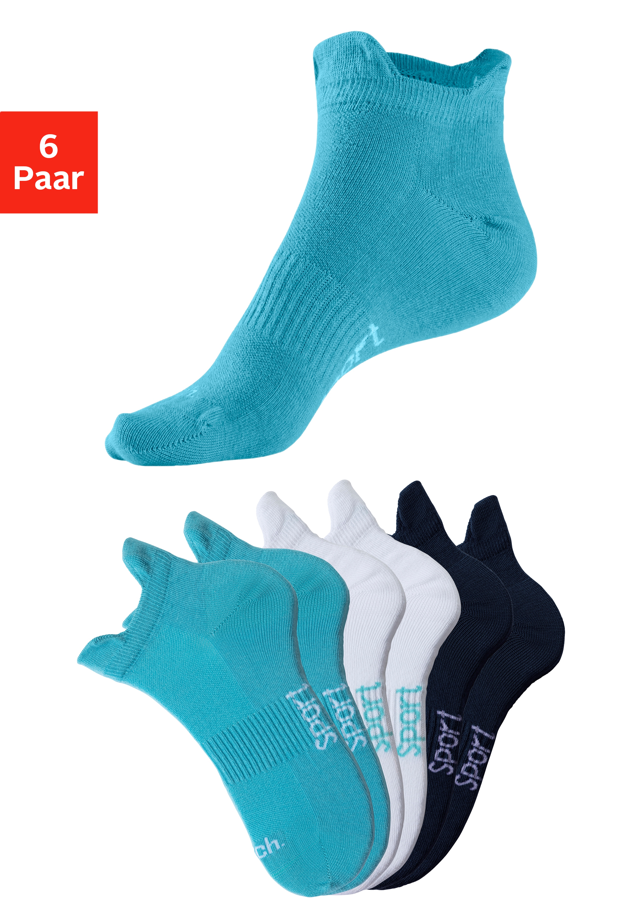 Sneakersocken BENCH., Herren, Gr. 39-42, bunt (2x türkis, 2x weiß, 2x schwarz), Baumwollmischung, unifarben, elastisch, Socken, mit feiner Mesh Konstruktion und Mittelfußgummi Image
