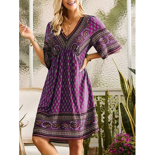 Per donna Mini abito Abito casual Abito linea A Abito boho Boemia Etnico Informale Da mare Giornaliero Standard Floreale Manica a 3/4 A V Viola Fucsia Verde Primavera Autunno