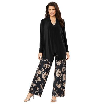 Plus Size Women's Ultrasmooth® Fabric Wide-Leg Pant by Roaman's in Black Khaki Flowers (Size 6X) Stretch Jersey