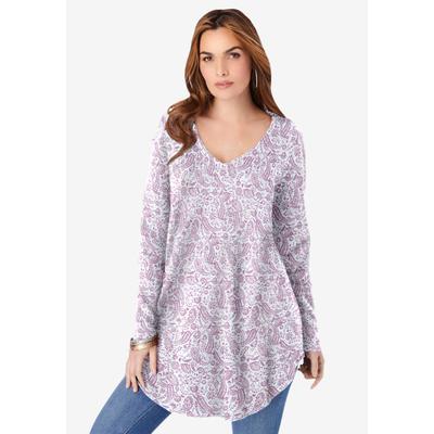 Plus Size Women's Plus Size Knit Thermal V Neck Swing Tunic - Long Sleeve by Roaman's in Ivory Orchid Paisley (Size 22/24) Long Sleeve Shirt