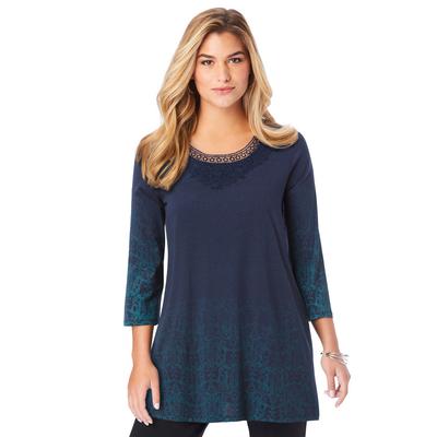 Plus Size Women's Printed Lace Scoopneck Tunic by Roaman's in Navy Teal Scroll (Size 14/16)