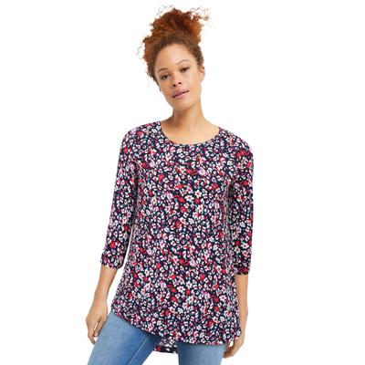 Plus Size Women's Three-Quarter Sleeve Curved Hem Tunic by ellos in Navy Red Ditsy Floral (Size 26/28)