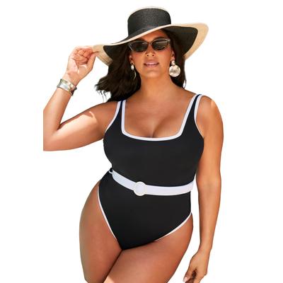 Plus Size Women's Belted One Piece Swimsuit by Swimsuits For All in Black White (Size 26)