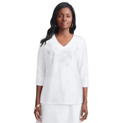 Plus Size Women's Stretch Cotton Embroidered Tee by Jessica London in White Floral Embroidery (Size M)