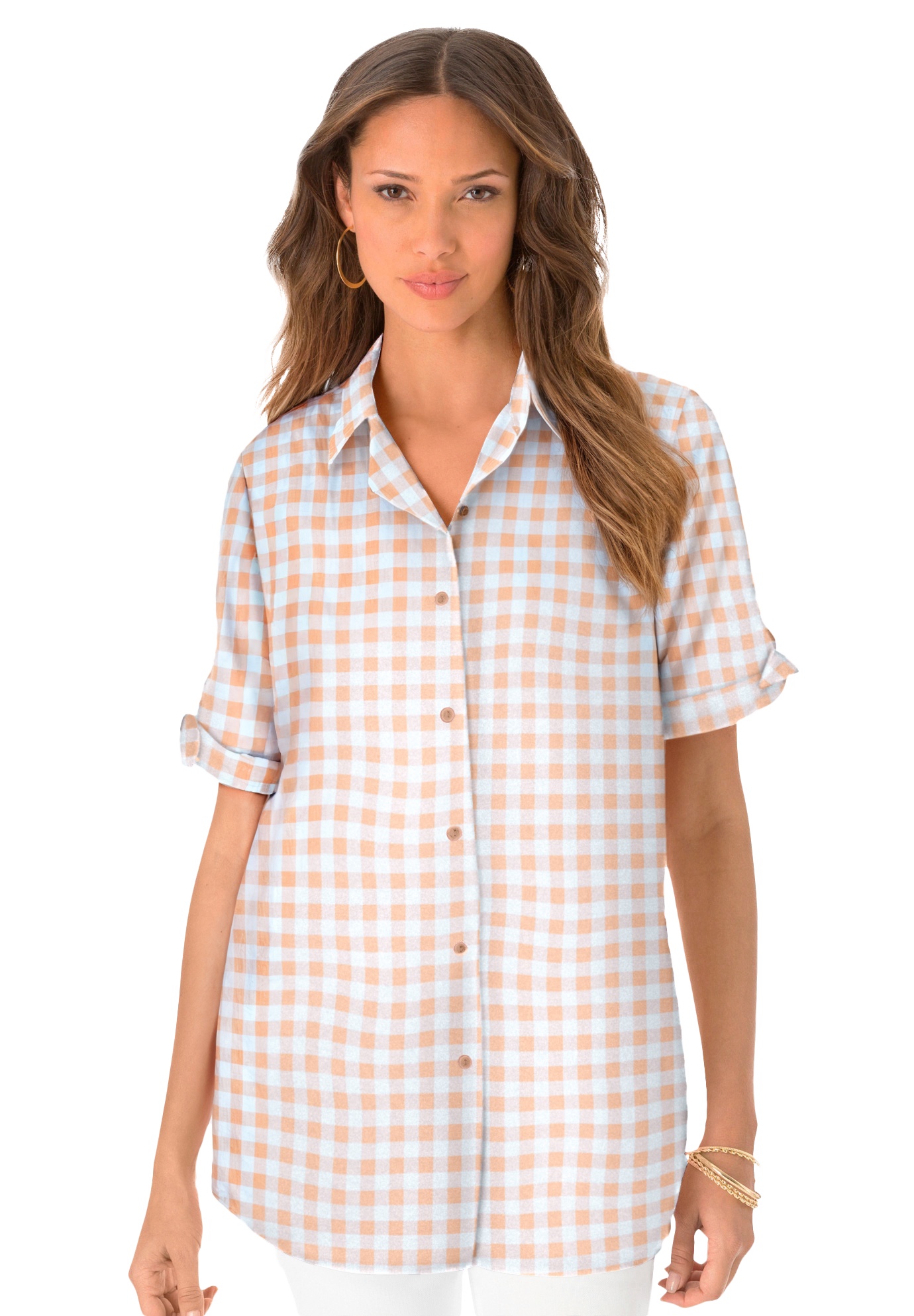 Plus Size Women's French Check Shirt by Roaman's in Peach Fuzz Check (Size 18 W)