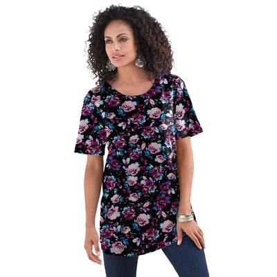 Plus Size Women's Crewneck Ultimate Tee by Roaman's in Black Falling Blossom (Size 2X) Shirt