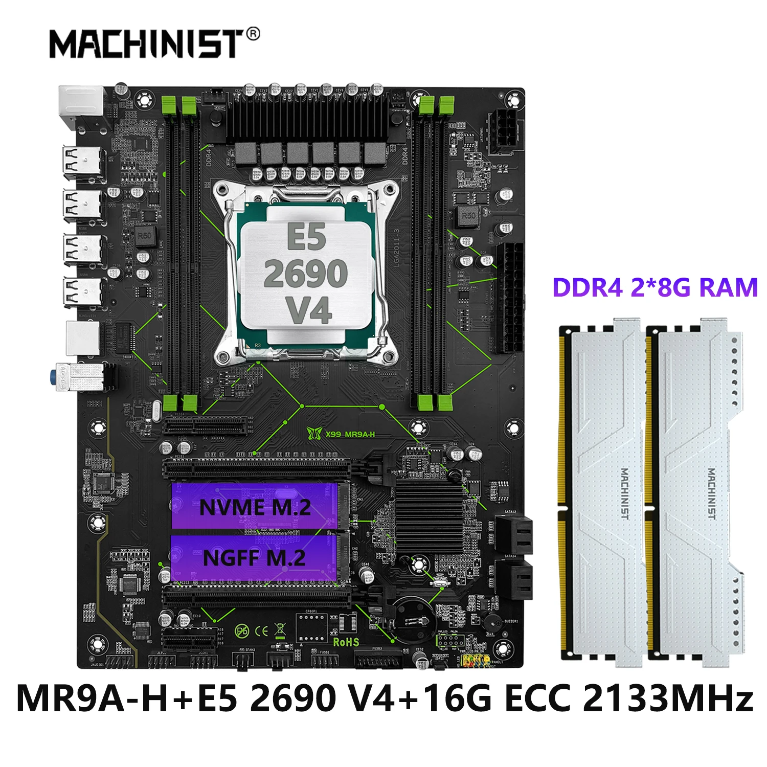 MACHINIST MR9A-H X99 LGA 2011-3 Motherboard Set Kit Xeon E5 2690 V4 CPU Prozessor mit DDR4 16 GB (2*8G) RAM 2133 MHz Speicher Combo Image