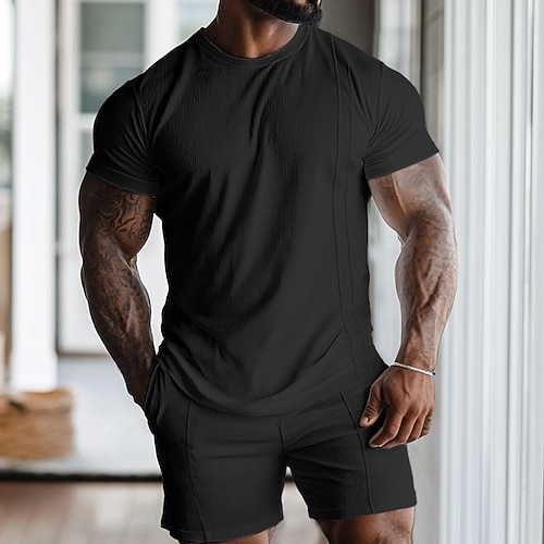 Herren Waffelhemd Zweiteilig T-Shirt Anzüge T-Shirt Kurzarm Kurze Hose Rundhalsausschnitt Frühling Sommer Einfach Mode Designer Basic 2 teilig Urlaub Straße Ausgehen Schwarz Weiß Grau Top T-Shirt Image