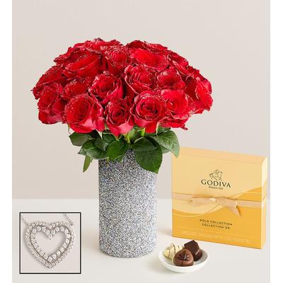 1-800-Flowers Flower Delivery Red Glitter Roses Double Bouquet W/ Red Vase & Godiva Chocolate