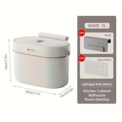 TEMU Oval Kitchen Trash Can 7l/9l, Polypropylene Material, Open-, Odor-sealing Lid, No Electricity Needed, For Kitchen And Bathroom - White Image