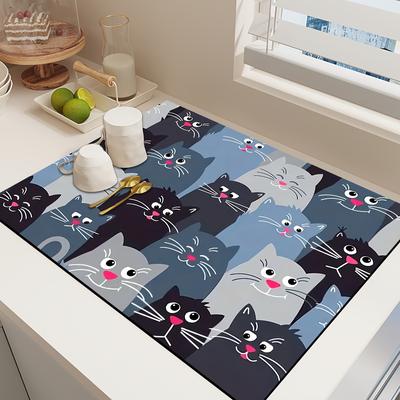 TEMU 1pc Cat Print Drying Mat With Non-slip Rubber Backing, Kitchen Placemat, Black On Light , Modern Kitchens, Countertop Protection, Modern Kitchen Accessory Image