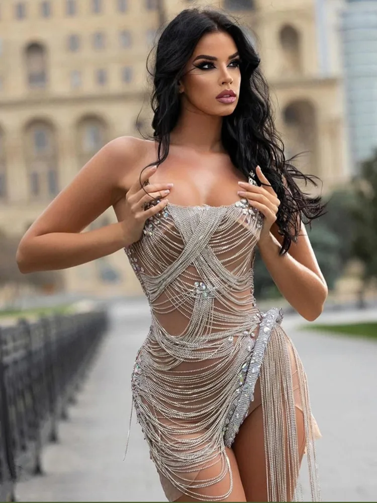 2025 Frauen Sexy Strap Liebsten Kristall Diamanten Beige Mini Kleid Geburtstag Party Kostüm Bar Nachtclub Bühne Leistung Outfit Image