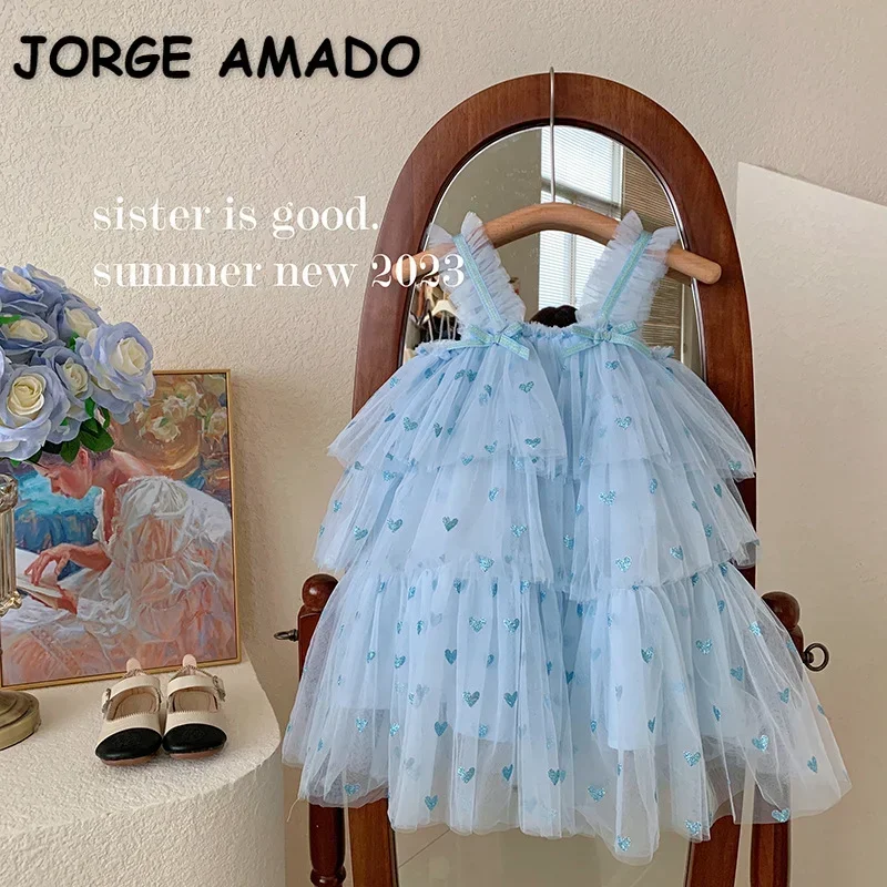 Neue Sommer Baby Mädchen Party Kleid ärmellose Spaghetti träger Liebe Herz geschichtete Prinzessin Kleider für 3-7 Jahre alte Kinder e2310 Image