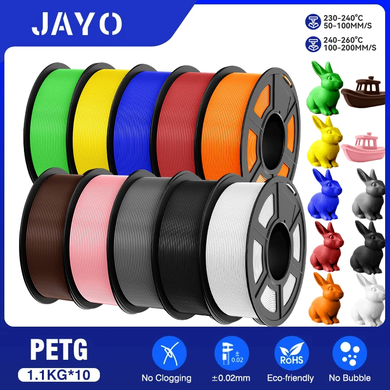JAYO 10 Rollen Petg-Filament, 175 mm, 3D-Druck, keine Blasen, kein Zeichnen, glatt, mehrere Farben optional für 3D-Druck, 1,1 kg/1 Rolle Image