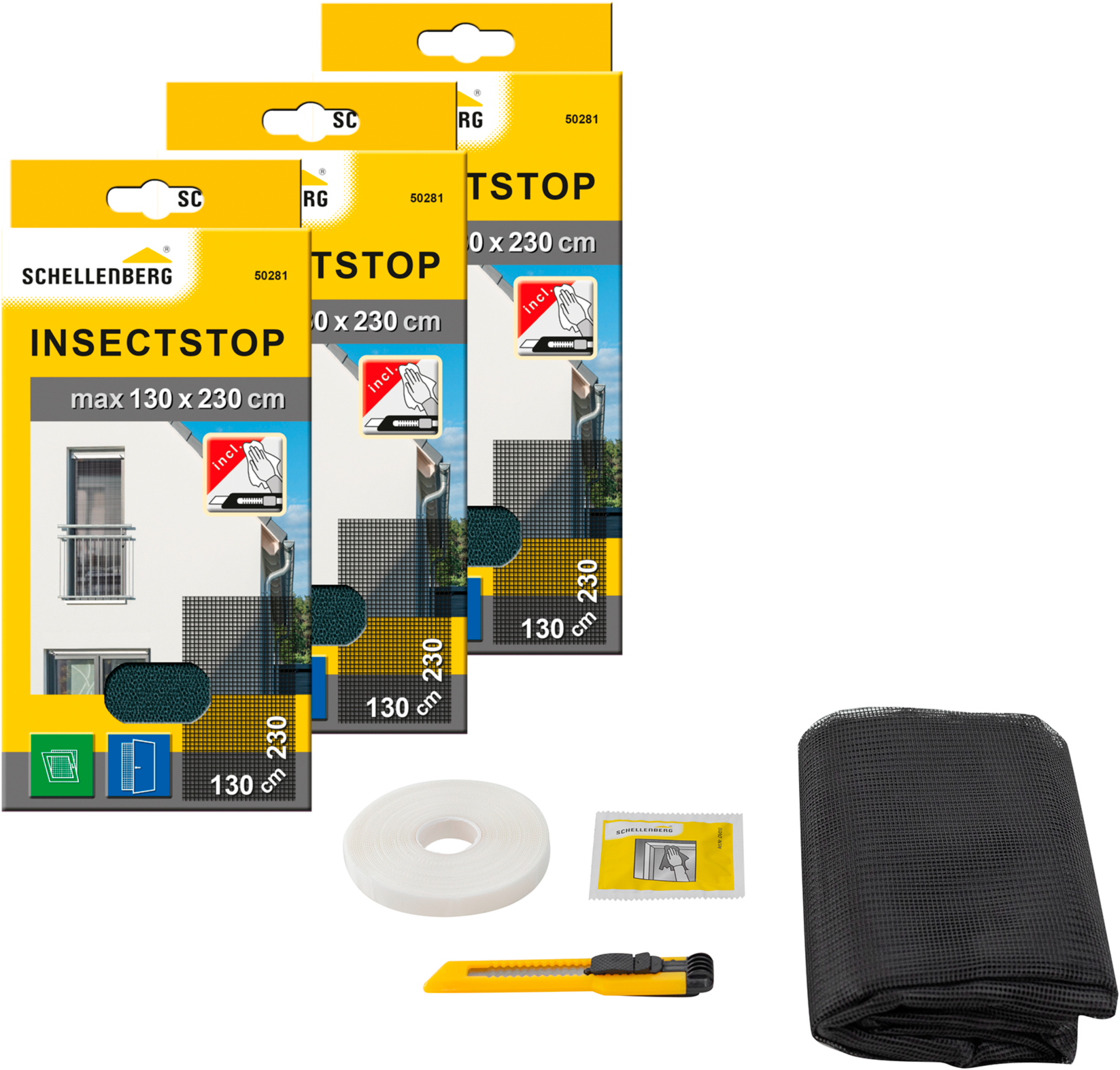 Fliegengitter-Gewebe SCHELLENBERG "für bodentiefe Fenster und Türen", grau (rahmen: grau gewebe: grau), B:130cm H:230cm, Insektenschutzgitter, Insektenschutz ohne bohren, 130 x 230 cm, weiß und anthrazit