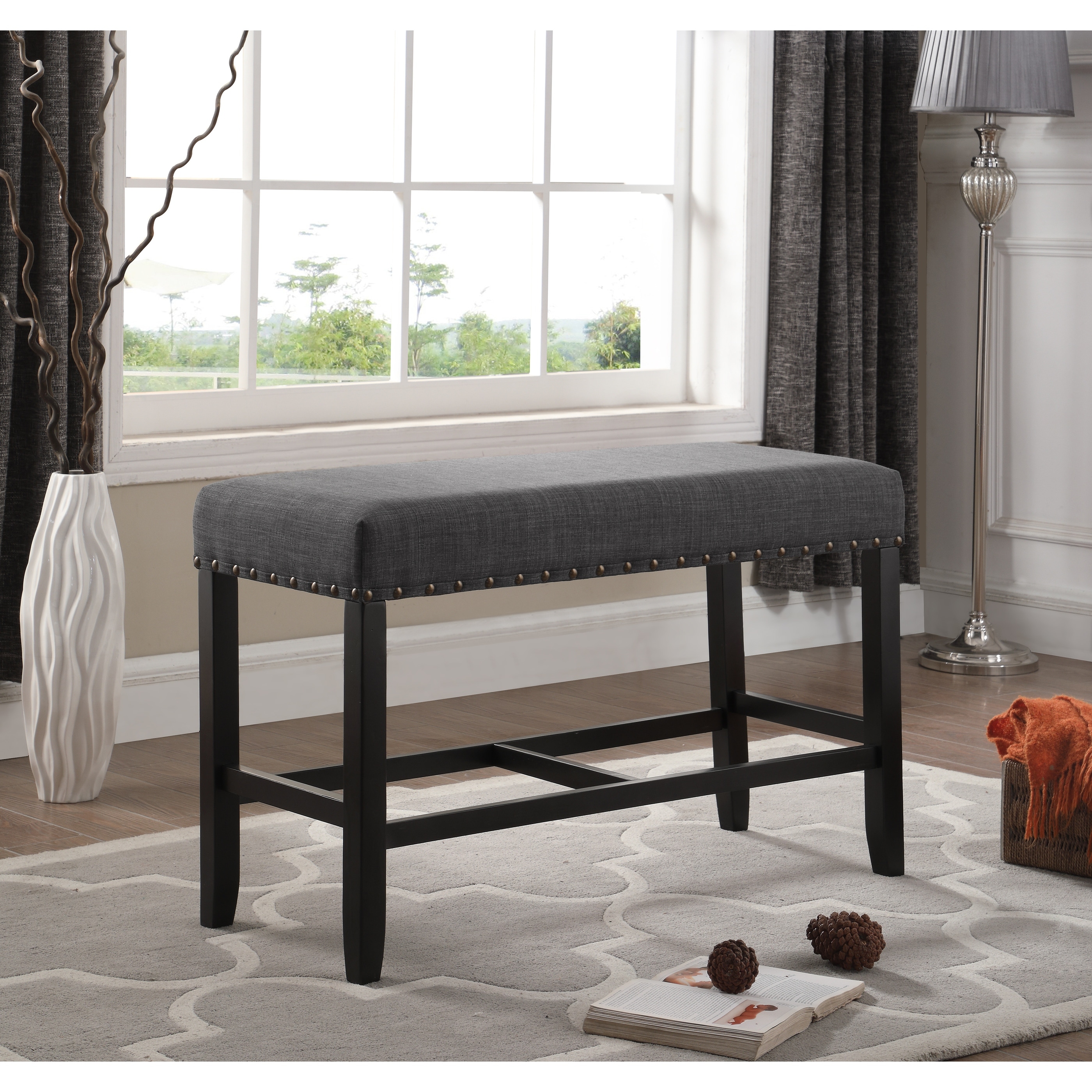 Biony Blue Fabric Bedroom Bench with Nailhead Trim and Solid Hardwood Turned Legs, 41" W, Stylish Footrest for Bedroom Decor