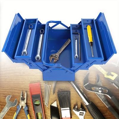 TEMU Tool Case Tool Box Metal Tool Box Empty Toolbox Three-layer Toolbox Blue 1x Main Compartment, 2x2 Extendable Compartments With Subdivision Image