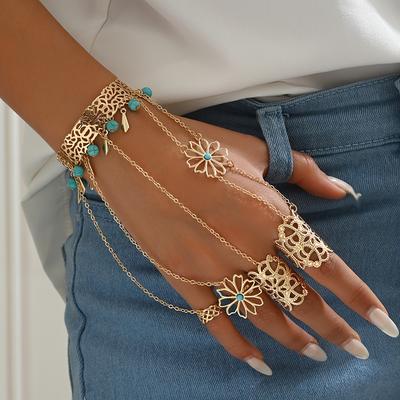 TEMU -chic Golden Hollow Floral Finger Bracelet With Blue Turquoise Tassel - Alloy, Resin For Vacation & Party Wear Image