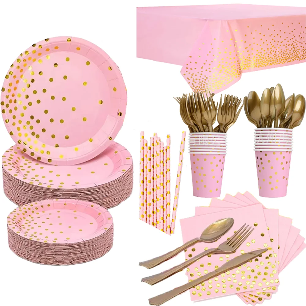 Rosa Party-Dekoration, goldfarben, Papier-Tischdecke, Einweg-Geschirr, Teller, Serviettenbecher für Weihnachten, Geburtstag, Party, Hochzeit Image