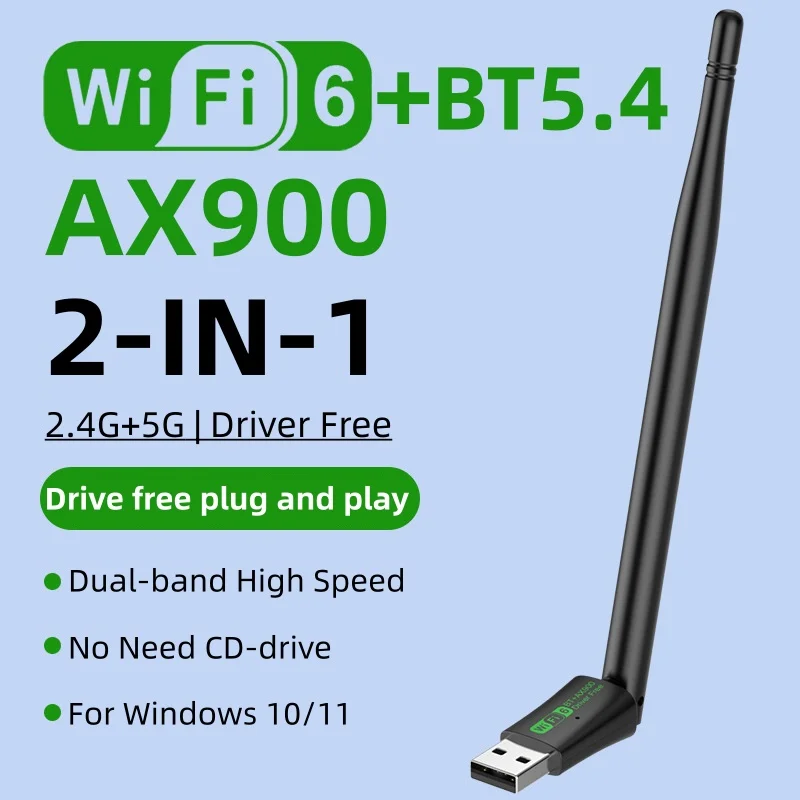 AX900 USB WiFi6 Bluetooth 5.4 Adapter 2in1 Dongle Dual Band 2,4G & 5GHz WiFi Netzwerk Antenne Empfänger für PC Win 10 11 FAHRER KOSTENLOS Image