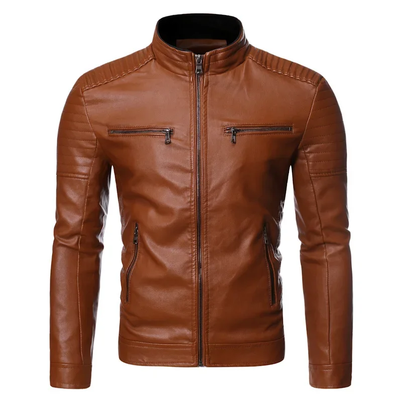 Giacca in pelle da uomo con colletto alla coreana Tasche con cerniera tinta unita Cappotti da motore in pelle Pu Giacche slim casual da uomo Giacca punk vintage