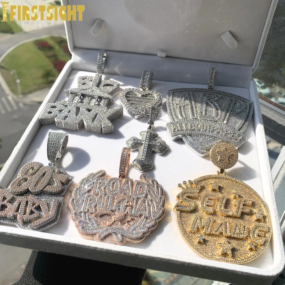Neue Iced Out Bling CZ Brief Kreuz Anhänger Halskette Verschiedene Design 5A Zirkon Zwei Ton Farbe Abzeichen Charme männer hip Hop Schmuck Image