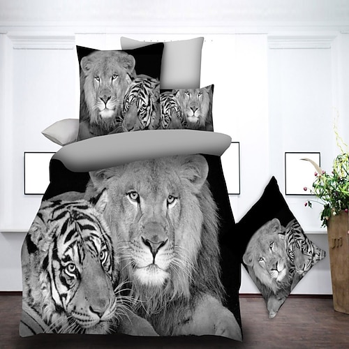3D-Tiger-Print Bettbezug Bettwäsche-Sets Bettbezug mit 1 Bettbezug oder Bettdecke, 1 Blatt, 2 Kissenbezügen für Doppelbett/Königin/König (1 Kissenbezug für Zwilling/Einzelbett) Image