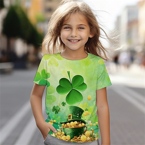 St. Patrick Mädchen 3D Graphic Katze Vierblättriges Kleeblatt T-Shirt Kurzarm Sommer Frühling Modisch Basic kinderkleidung 4-12 Jahre Rundhalsausschnitt Outdoor Casual Täglich Regular Fit Image