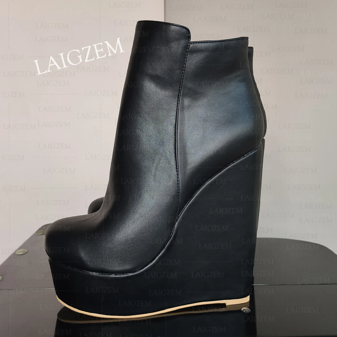Laigzem Frauen Stiefeletten Plattform runde Zehen Seite Reiß verschluss kurze Stiefel Höhe erhöhen Damenschuhe Frau große Größe 39 43 45 48