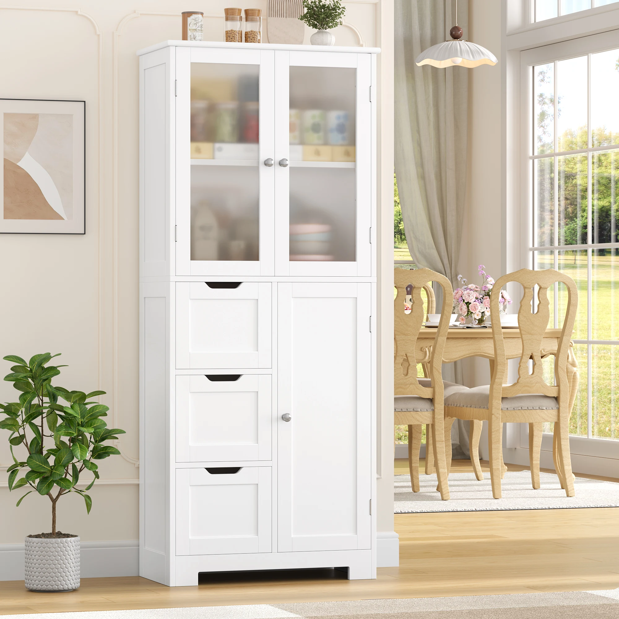 Badezimmerschrank Hoch, Badschrank Hochschrank mit 3 Türen und 3 Schubladen, Küchenschrank Hoch Image