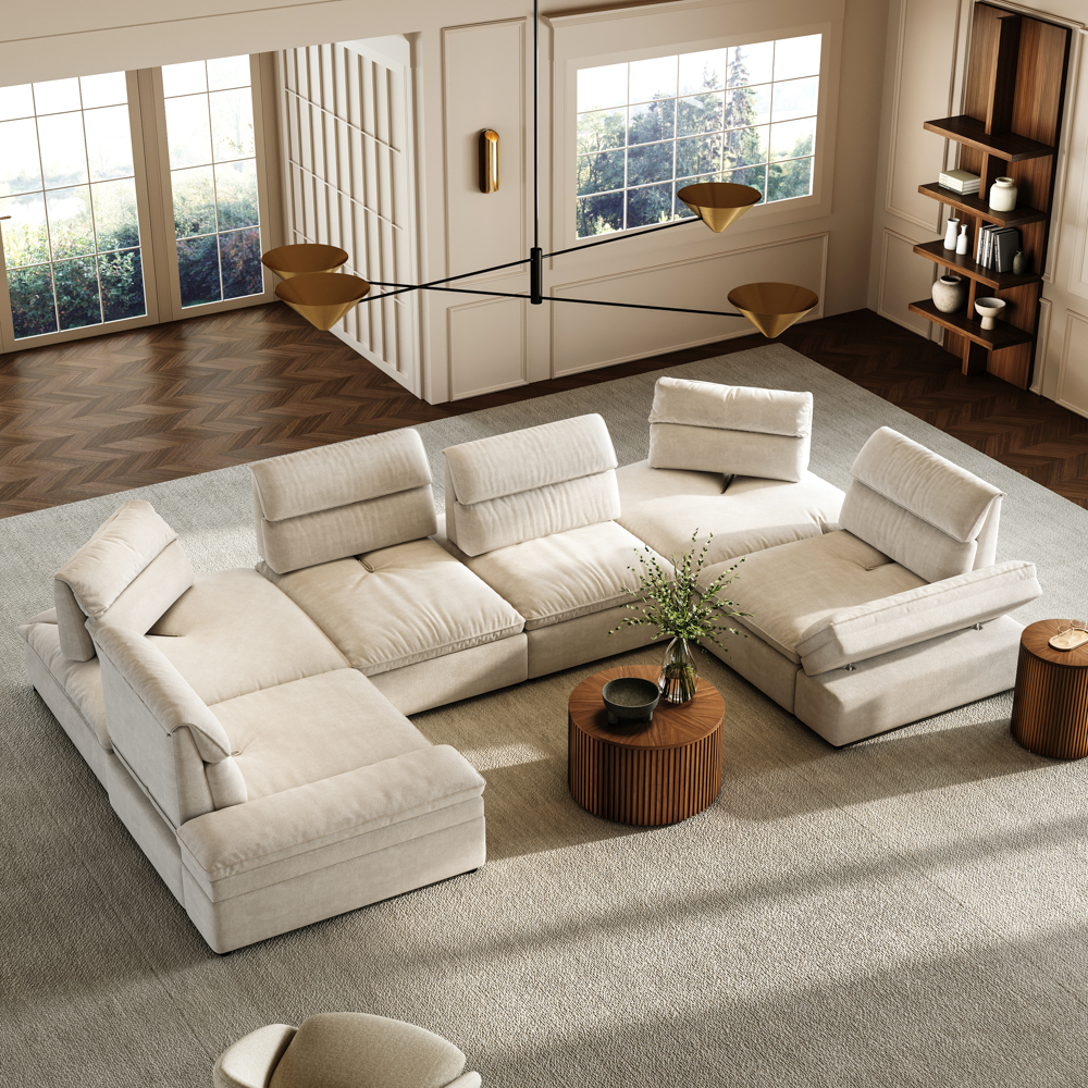 167.72"+U Shaped Sectional Sofa with Adjustable Backrest & Armrests, 23.62"- 35.43"Seating Depth, Segmented Backrest, Anti-scratch and Water-proof Fabric, Beige