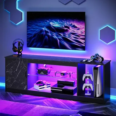 LED TV Stand for 55/60/65 Inch TV, Gaming Entertainment Center with Cabinet for PS5, Xbox,Modern TV