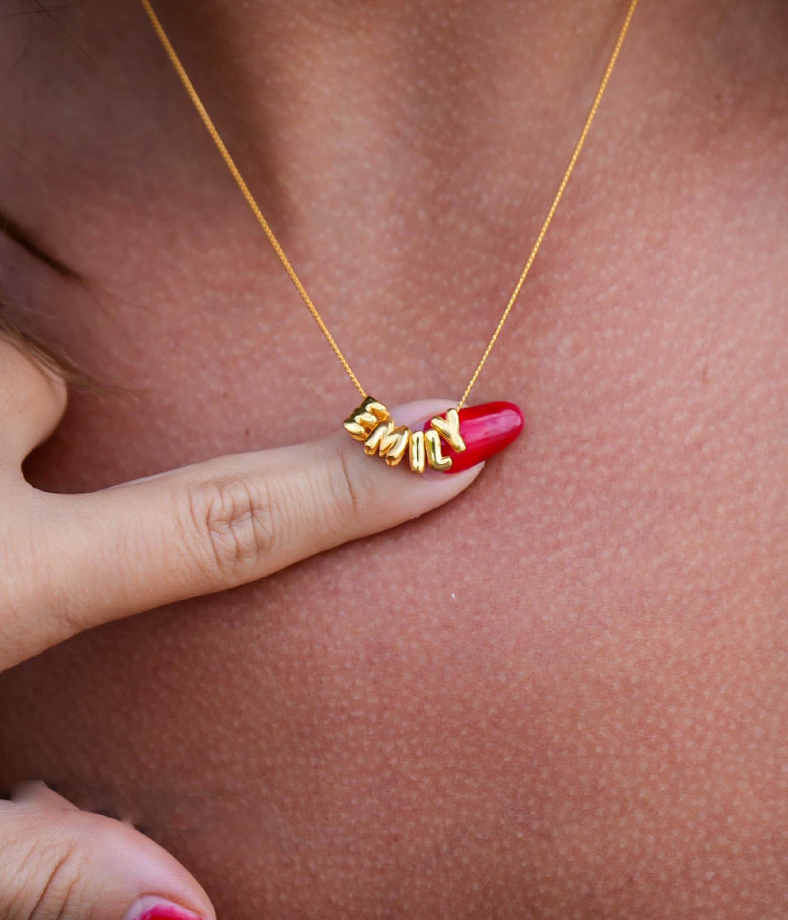 Collana con nome a forma di bolla 3D, ciondolo con lettera a forma di bolla 3D, collana con nome delicato in oro 14k, collana con targhetta, collana c