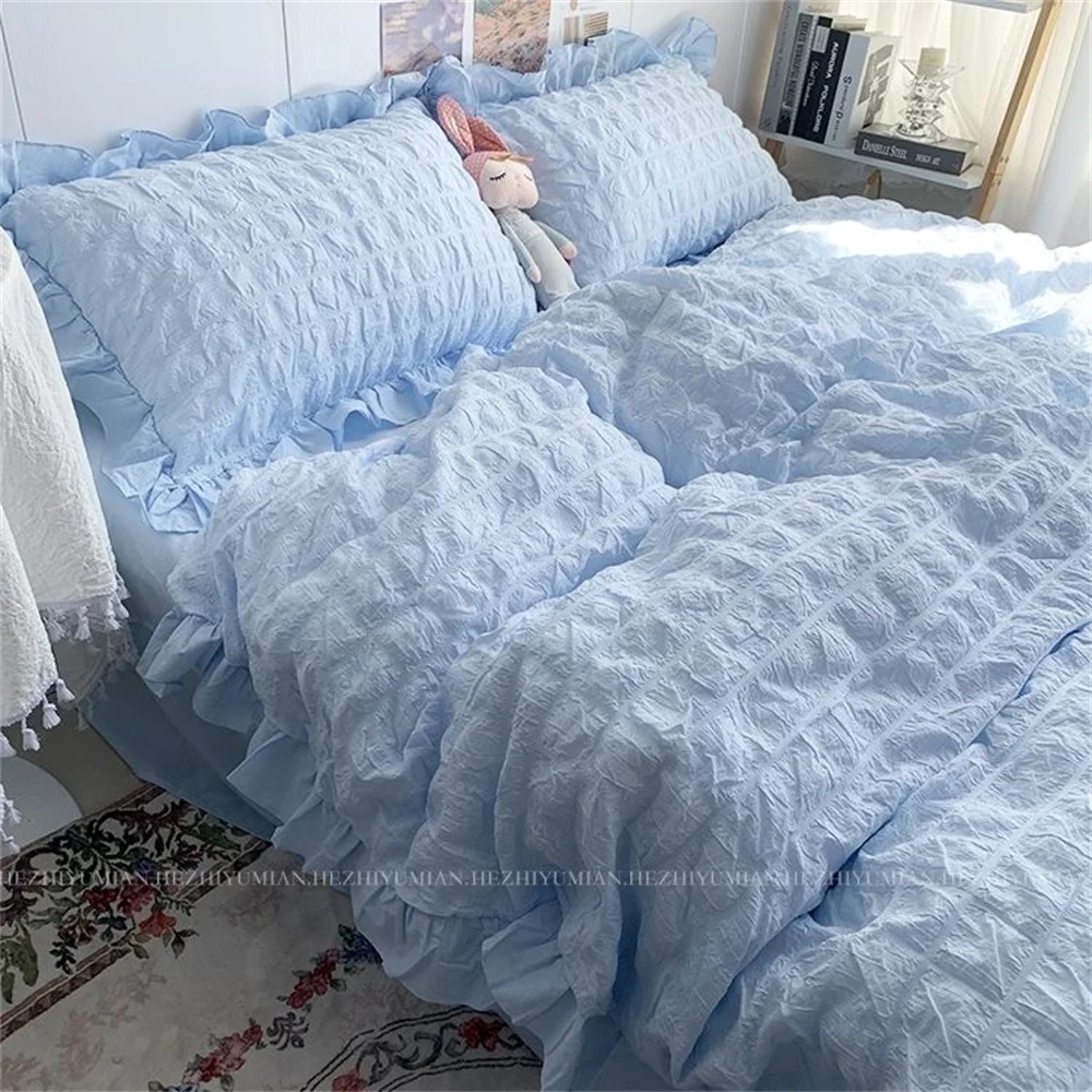 Bett bezug ins Mädchen blau einfarbig Seer sucker Rüschen Spitze Bettwäsche Set Kawaii Soft Sheet Frau Bett bezug Kissen bezüge Image
